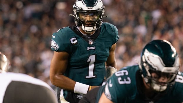 Philadelphia Eagles quarterback Jalen Hurts (1) in a game against the Tampa Bay Buccaneers at Lincoln Financial Field.